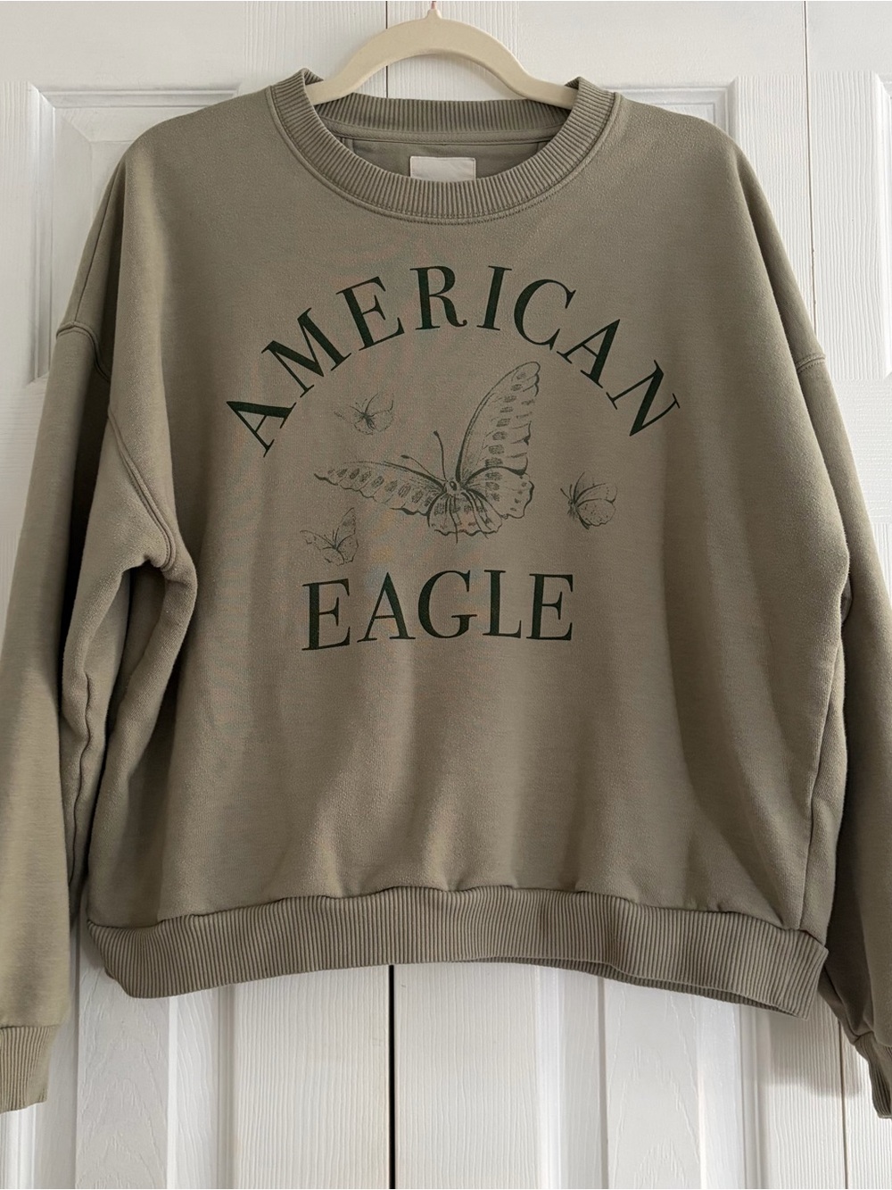 American Eagle Outfitters Olive Green Crewneck Sweater with Butterfly Logo